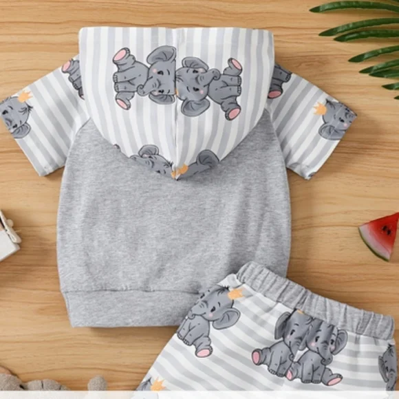 Adorable Baby Boys 2pcs Elephant=Print Hoodie and Shorts Set  3-6M-18-24M - Picture 2 of 7